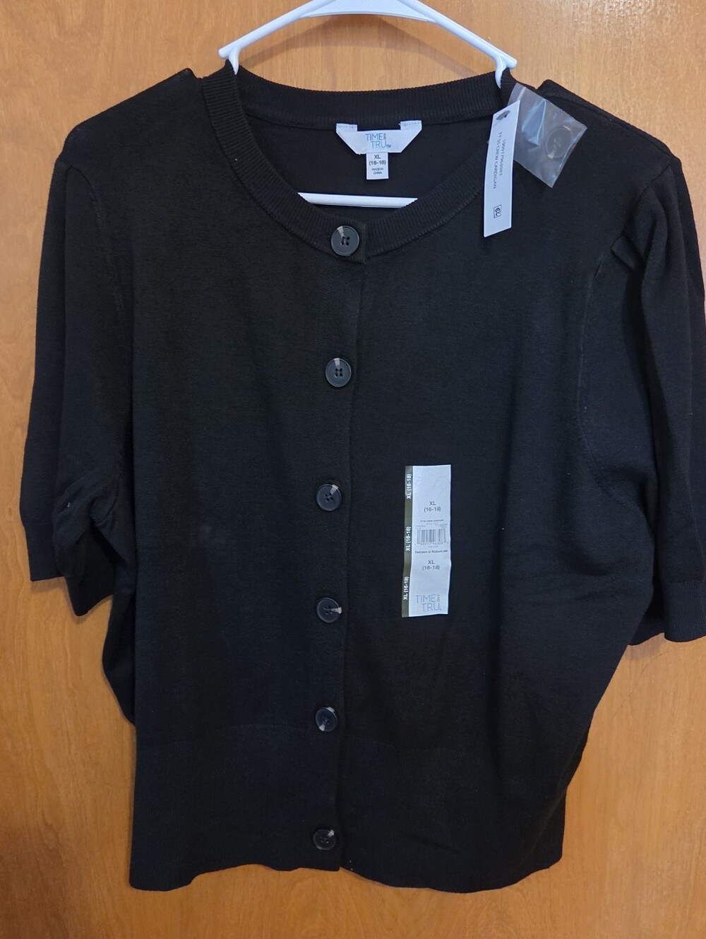 Time and Tru Black Short-Sleeve Button Front Cardigan Sweater, Size XL, NEW